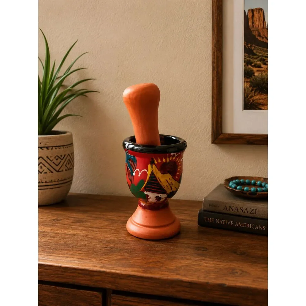 Mexican Folk Art Hand Painted Terracotta Molcajete Mortar Pestle Red Clay Decor
